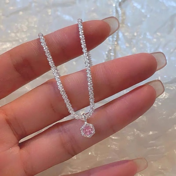 [SOLD] 🩷Pink Zirconic Silver Necklace sterling silver twisted chain - Picture 7 of 10
